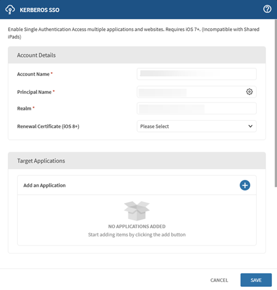 The Kerberos SSO iOS configuration window.