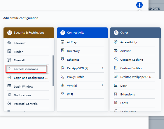 Kernel Extensions configuration payload on a macOS device profile.