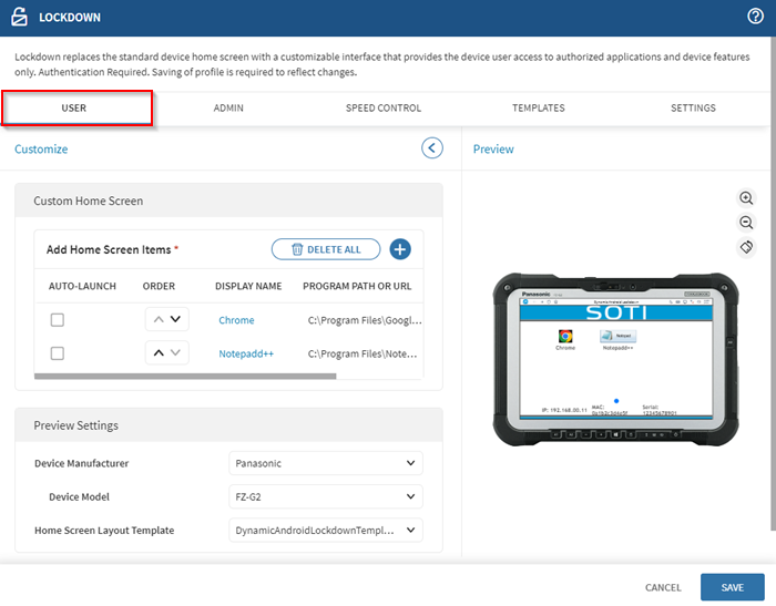 The User tab in the Lockdown configuration.