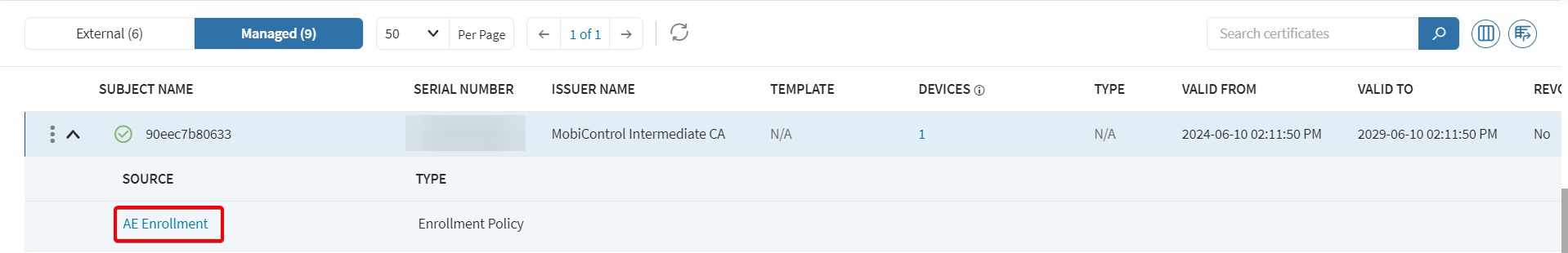 Viewing the certificate source