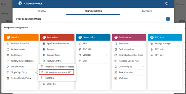 Selecting the Microsoft Single Sign-On (SSO) configuration in an Android Work Managed profile.