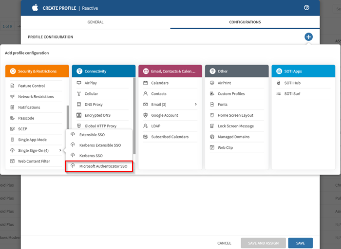 Selecting the Microsoft Authenticator SSO configuration in an iOS Reactive profile.