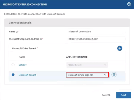 Selecting the saved connection and the default Microsoft SSO application.