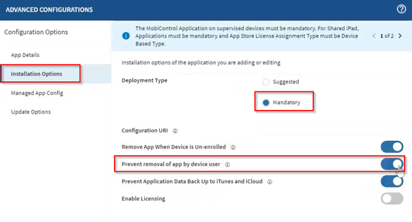 Making the Microsoft Authenticator application mandatory and preventing users from uninstalling the Microsoft Authenticator application's advanced configuration options.