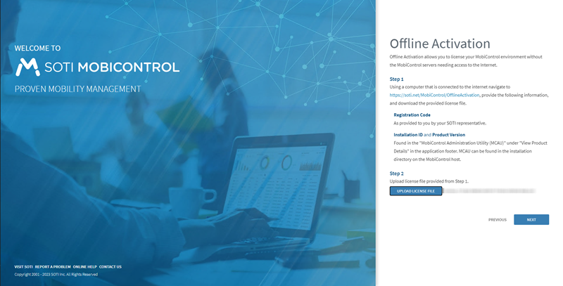 SOTI MobiControl Product Activation: Offline Activation page with uploaded license file