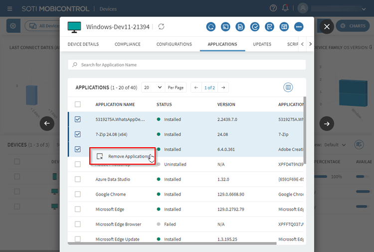 Selecting Remove Application to uninstall applications in bulk on a Windows Modern device.