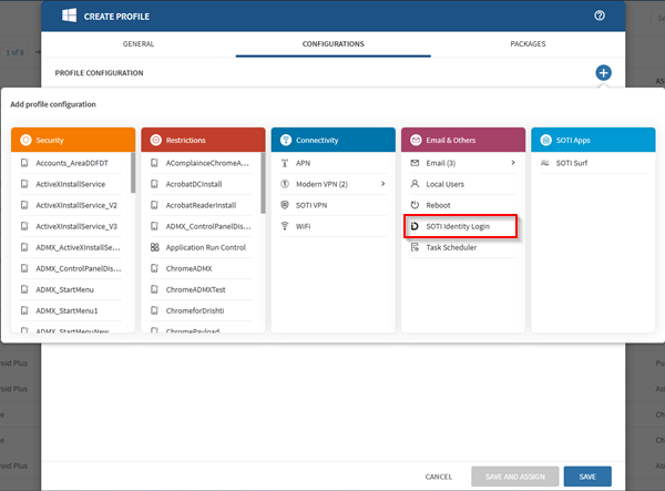 Selecting the SOTI Identity Login configuration payload in a Windows Modern profile.