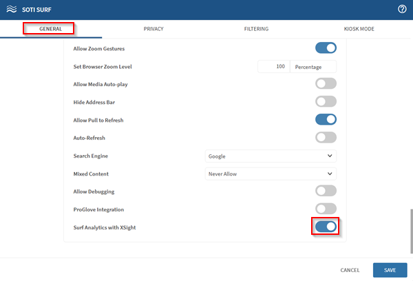 Toggling on the Surf Analytics with XSight option in an Android Classic SOTI Surf profile configuration payload.