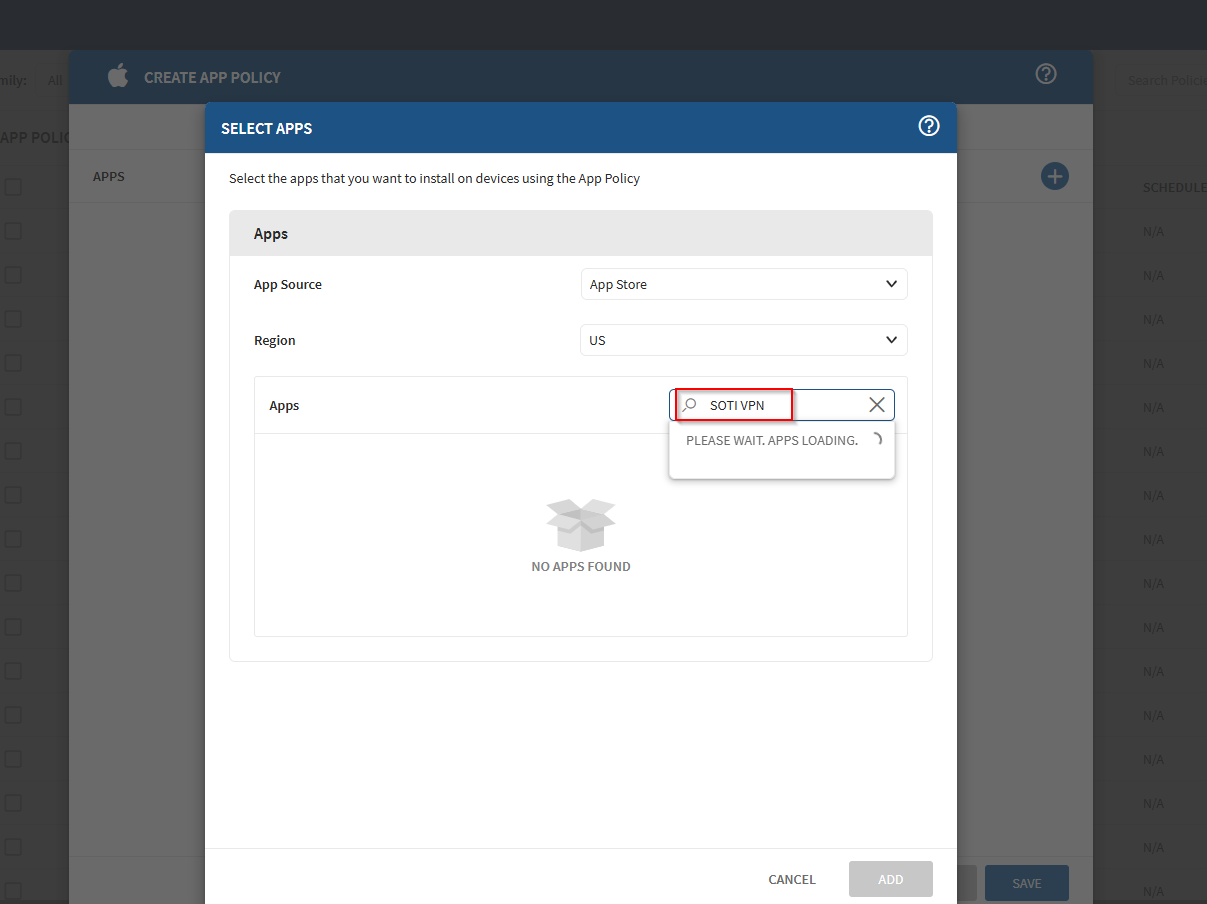 Searching for the SOTI VPN application in App Policy