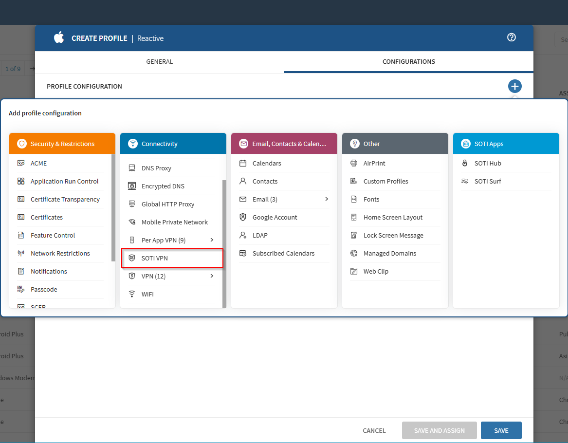 Selecting SOTI VPN in the configurations tab