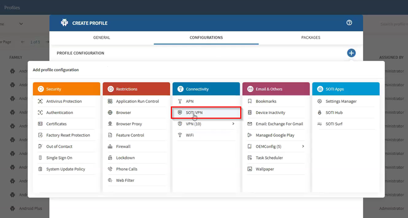 Selecting the SOTI VPN profile configuration in an Android Enterprise Work Managed profile.