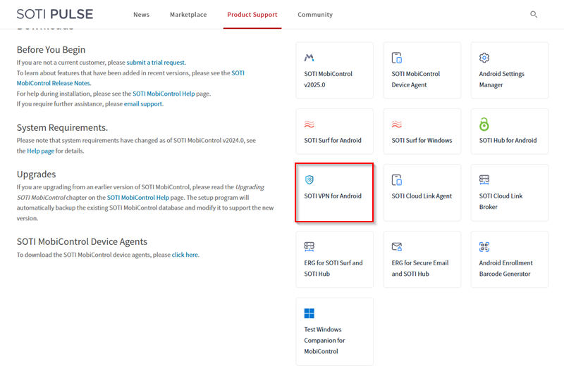 Downloading the SOTI VPN for Android application from the SOTI Pulse downloads page.
