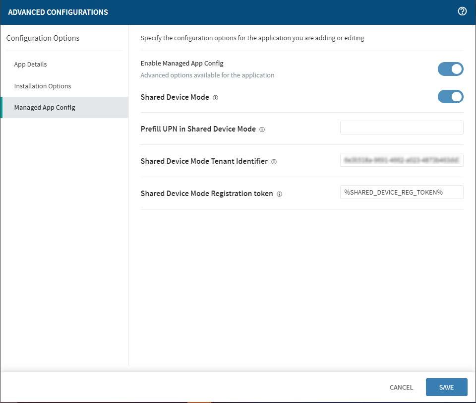 Advanced Configuration Screen showing Managed App Config tab