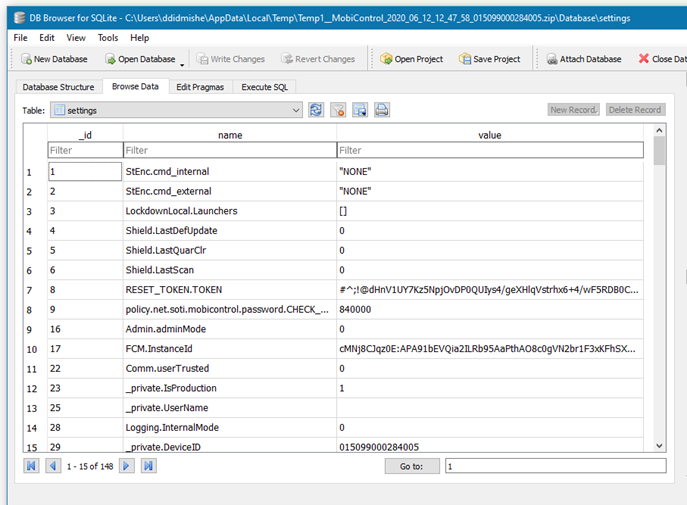 System logs Android database settings