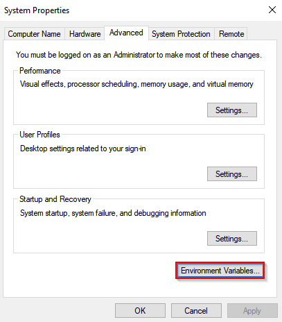 Selecting Environment Variables in the System Properties window.