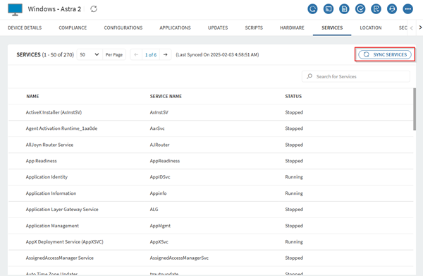 Synchronizing services in the SOTI MobiControl console.