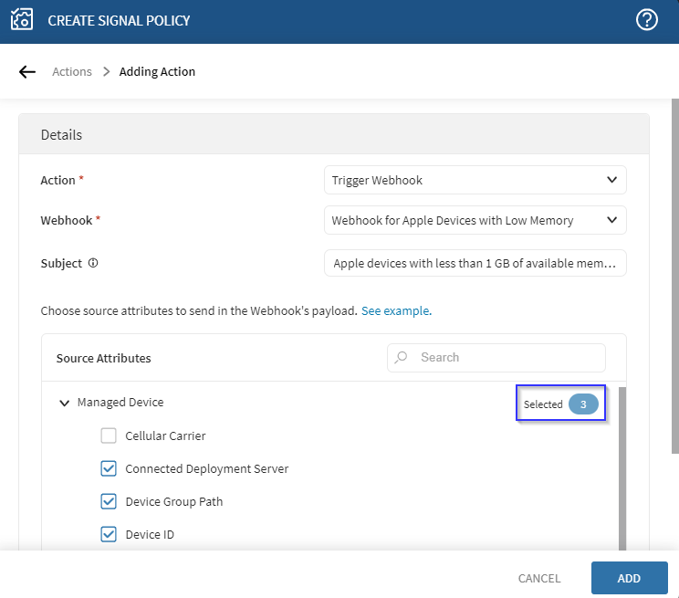 Webhooks signal add action