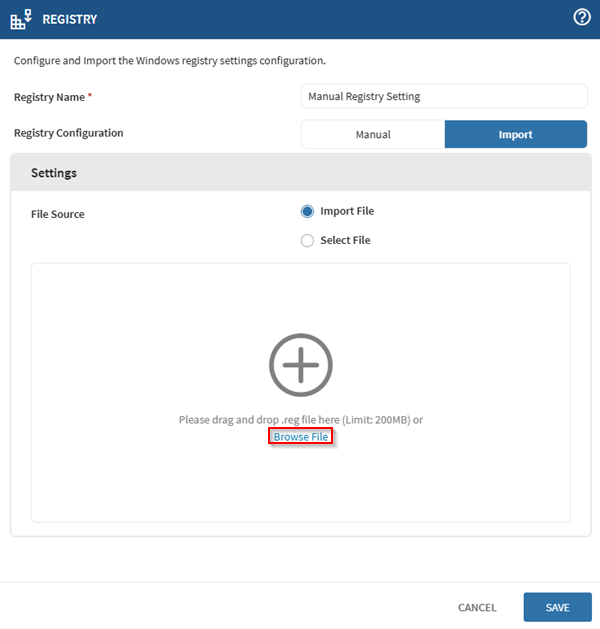 Importing a registry file.
