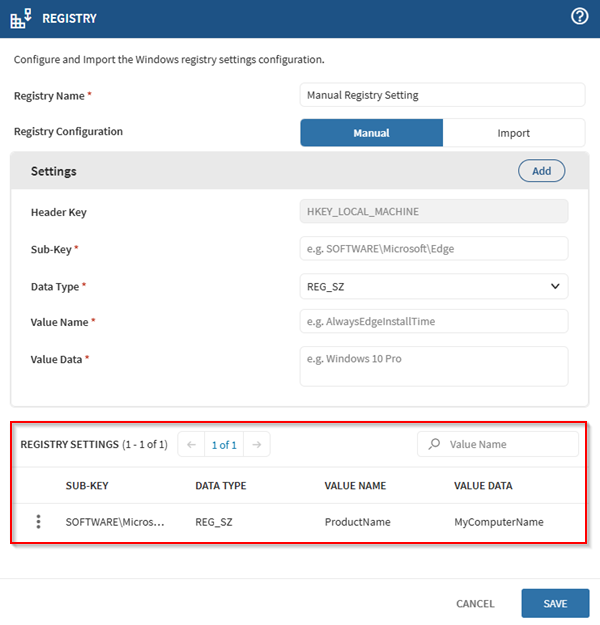 A saved manual registry setting.
