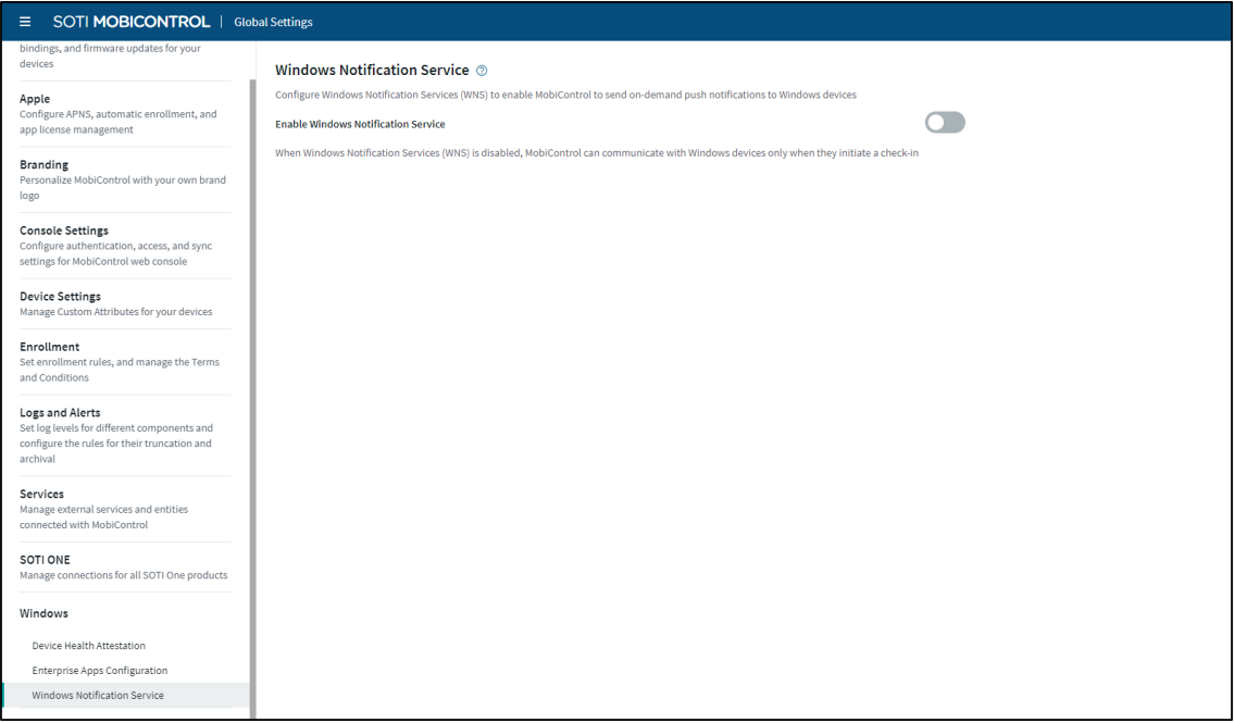 The Windows Notification Service page of SOTI Mobicontrol Global Settings