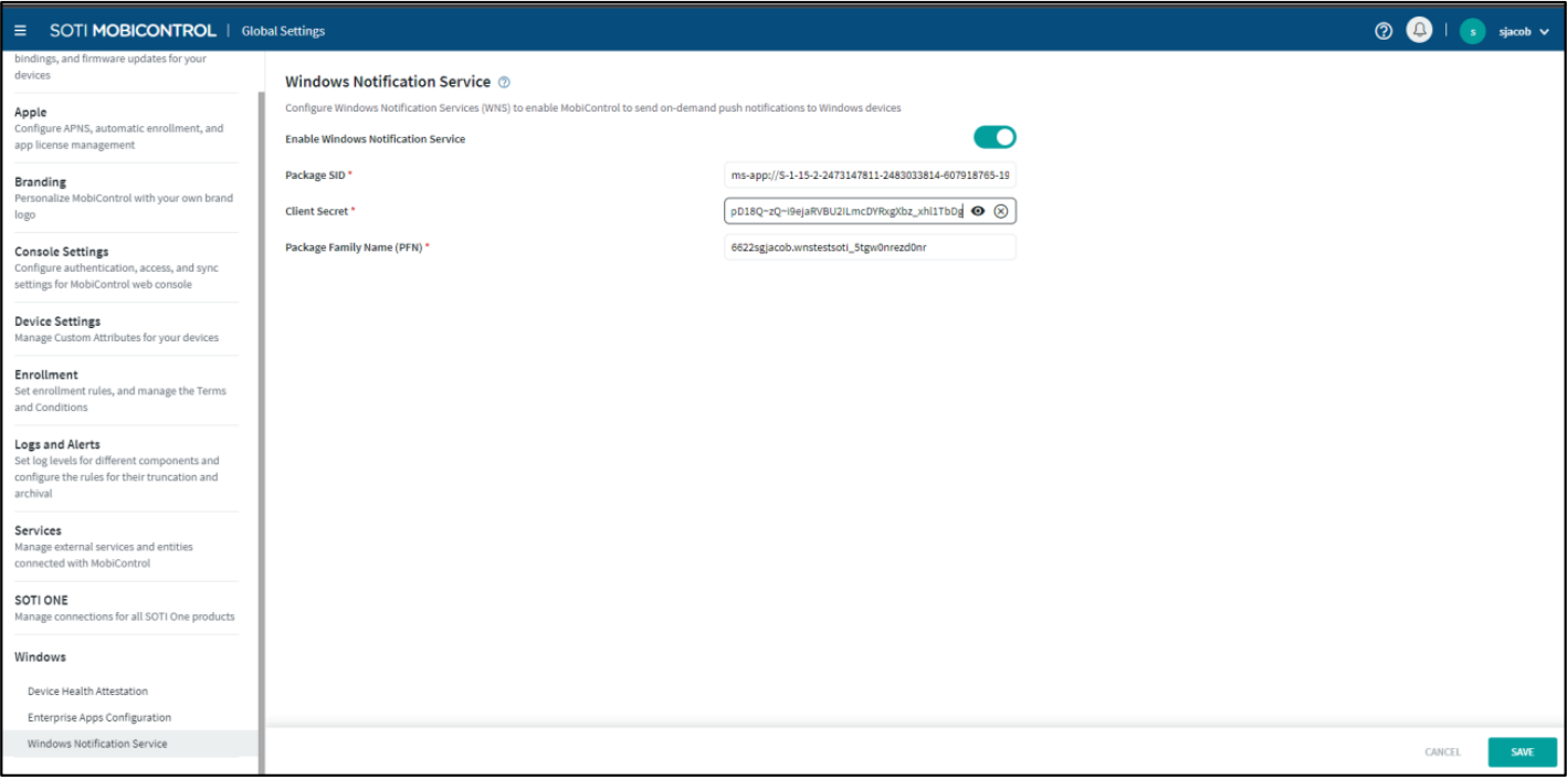 SOTI MobiControl Windows Notification Service panel showing Package SID, Client Secret, and Package Family Name