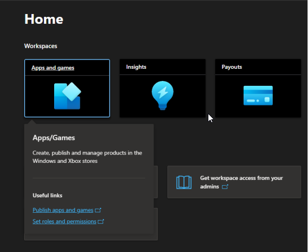 Microsoft Partner Shasboard showing Apps and Games button