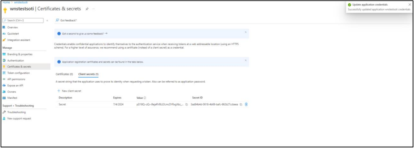 Certificates and Secrets page
