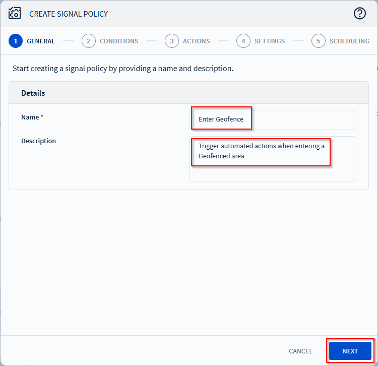 Enter a signal policy Name and optionally a Description