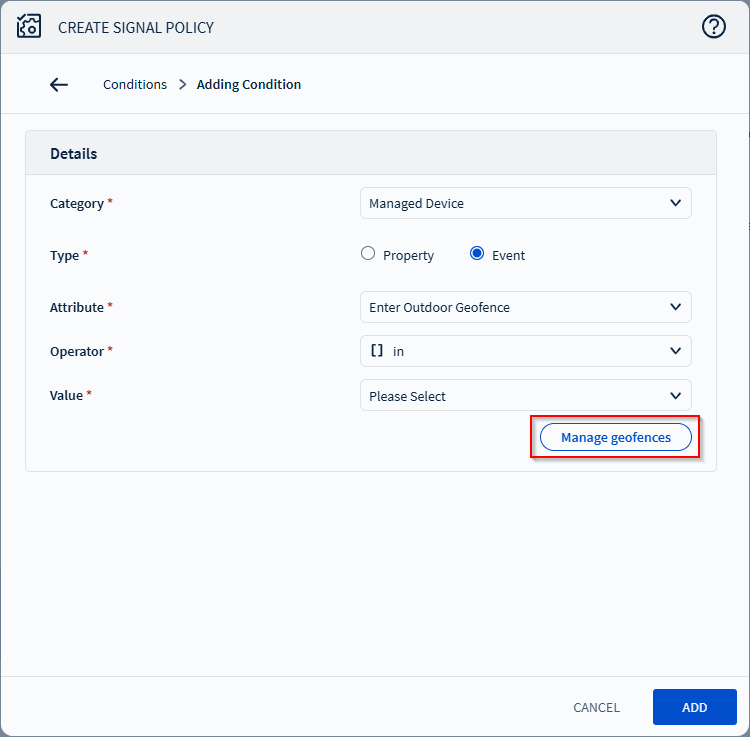 The Manage Geofences button appears