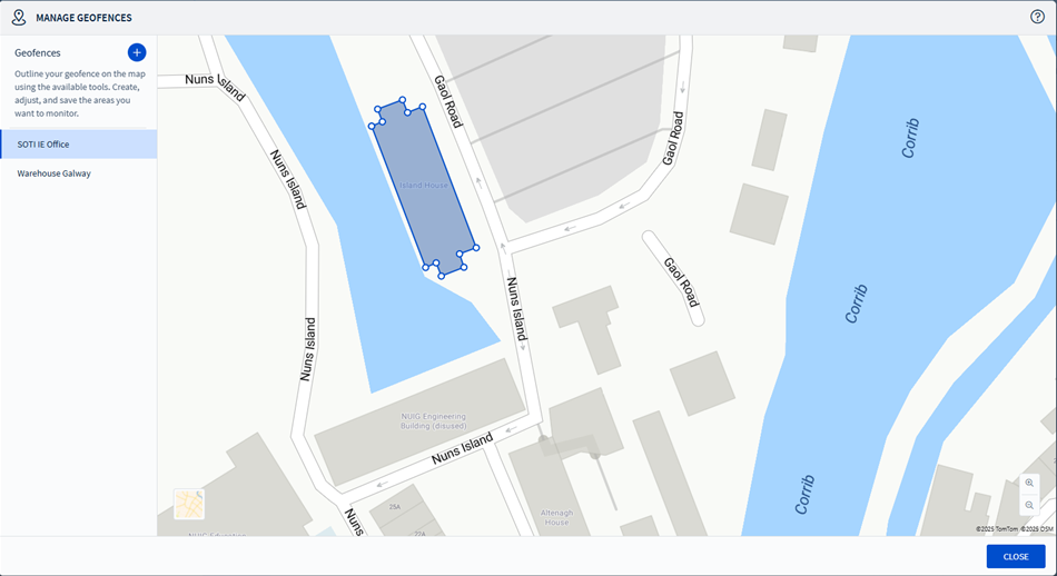 The geofence is added to the list and selected