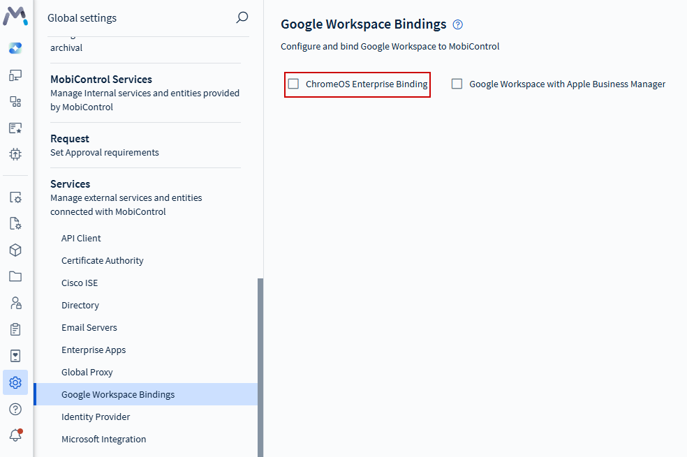 Chrome Enterprise Binding option in Global Settings