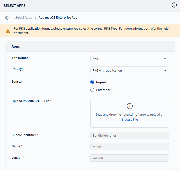 Configurations available for PKG app format.