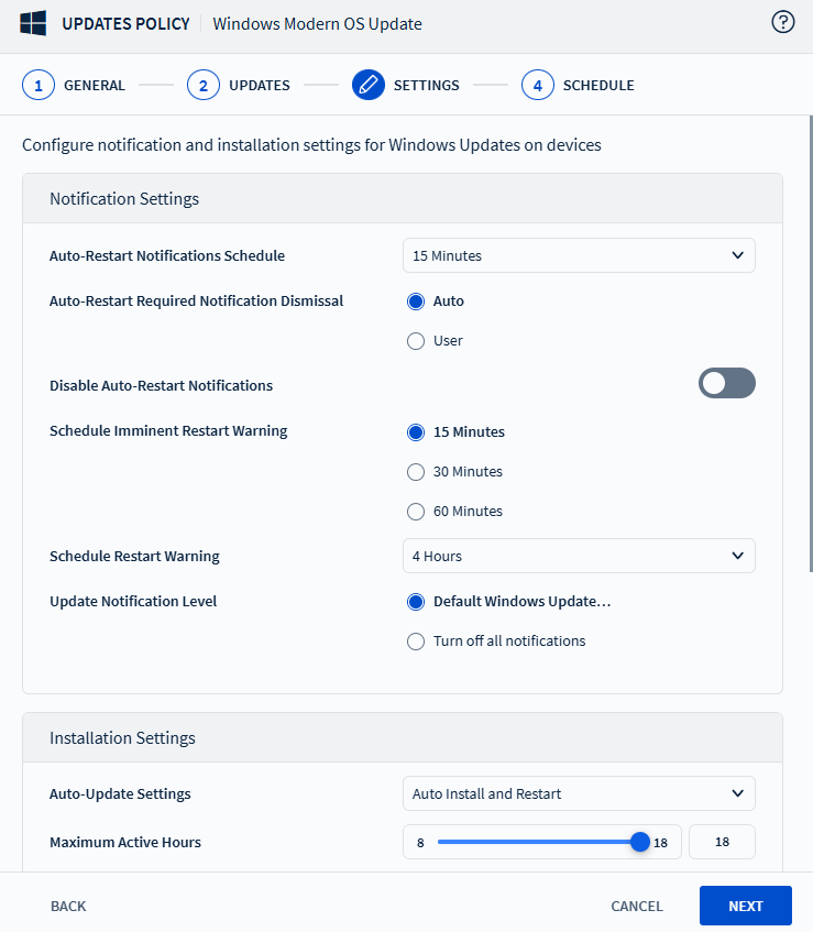 Configuring Settings tab for the updates policy