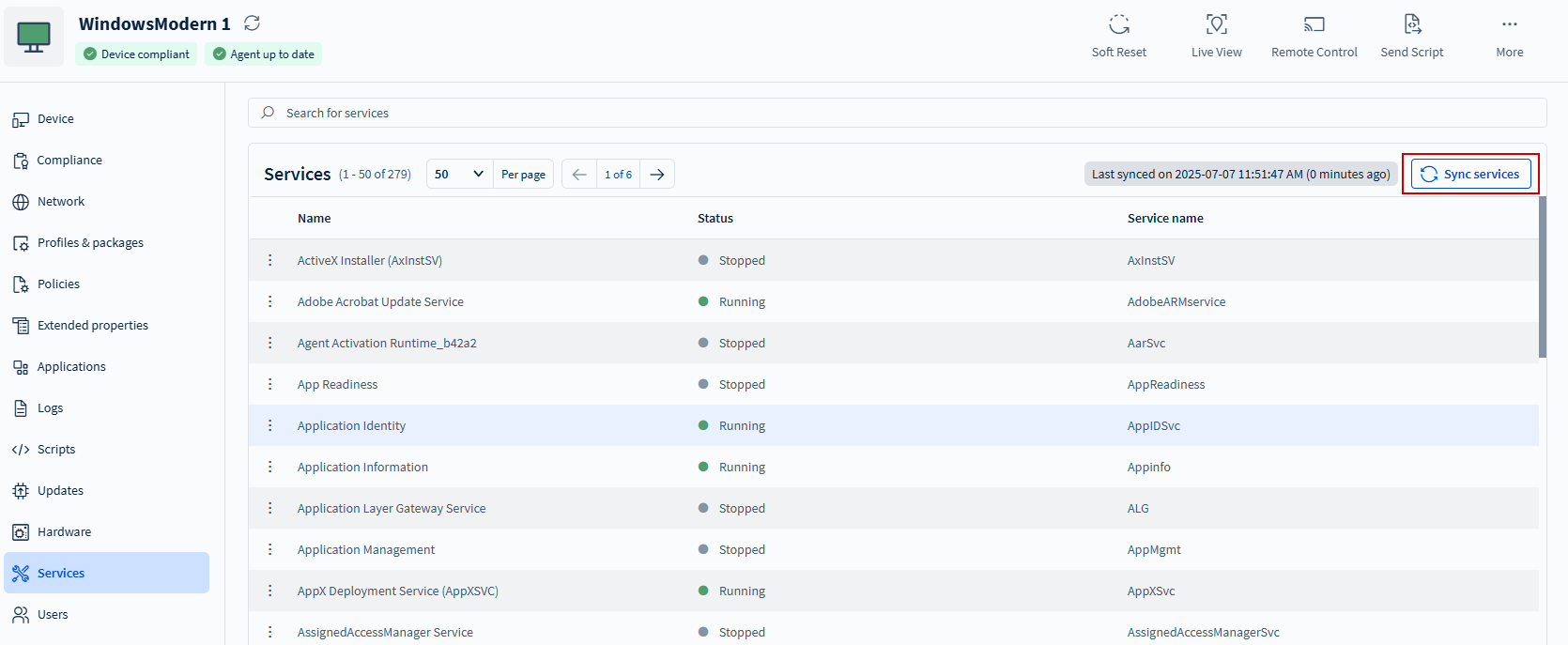 Synchronizing services in the SOTI MobiControl console.