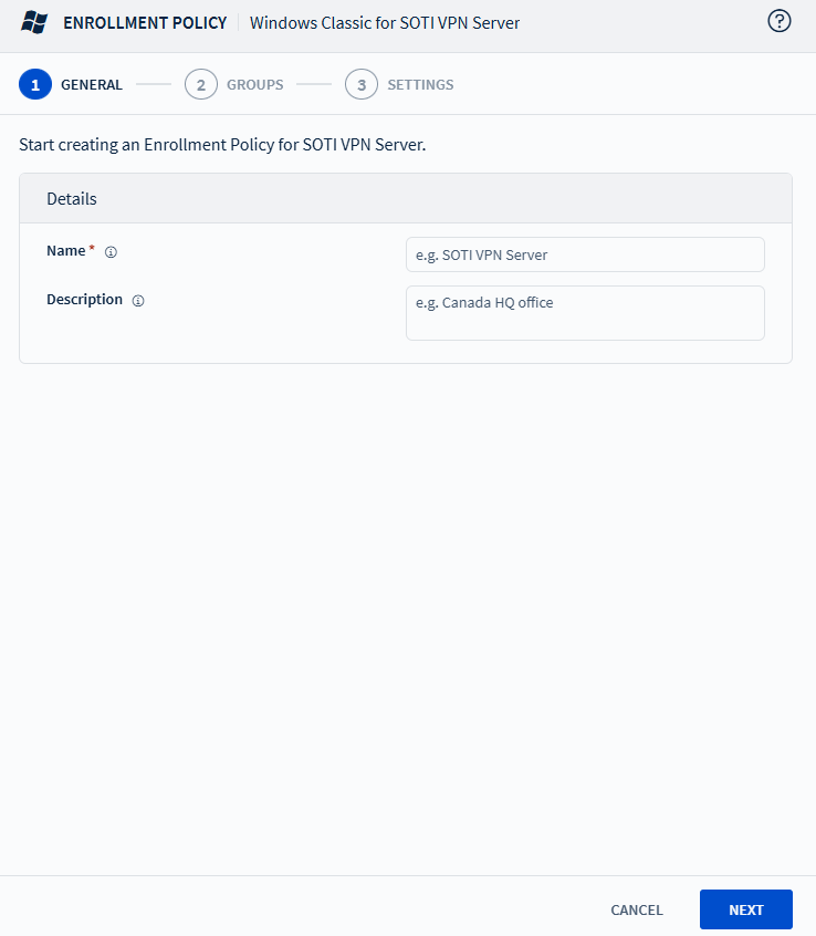 Entering policy name and description