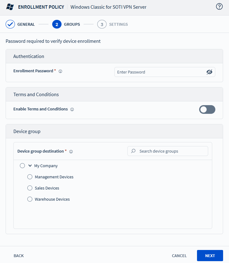 Adding an authentication password and specifying the destination group.