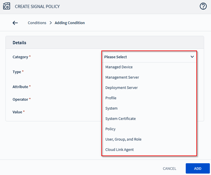 Category dropdown expanded in the Signal policy condition screen, showing available options.