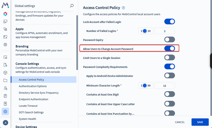 Enabling users to change their account password.