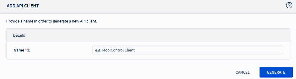 Entering a name for the API client.