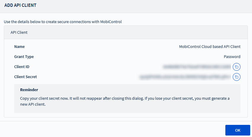 Viewing the API client details.