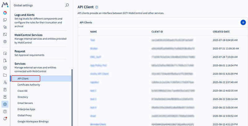 The API Clients service section in SOTI MobiControl Global Settings menu.