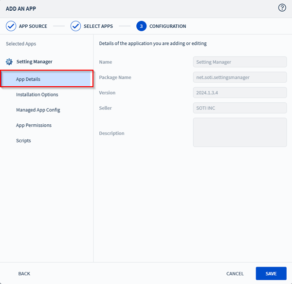 Viewing the application details in the app policy.