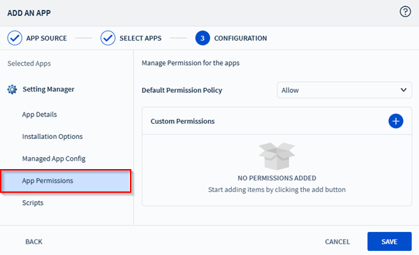 Viewing the app permissions section in the app policy.