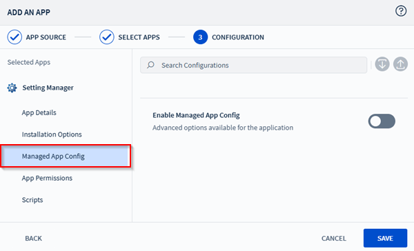 Viewing the managed app config section in the app policy.