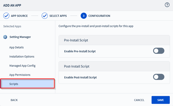 Viewing the scripts section in the app policy.