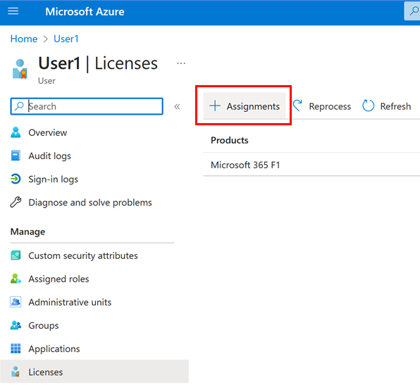 Azure AD window with the Licenses tab selected
