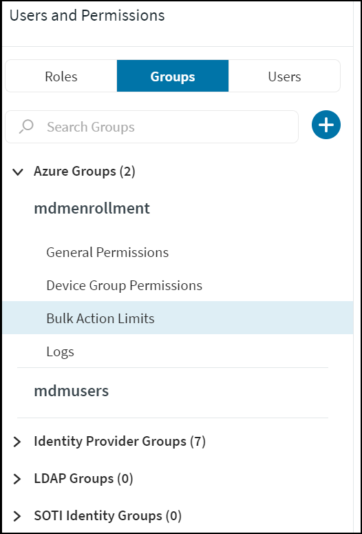 Users and Permissions menu with Groups tab selected and Bulk Action Limits highlighted