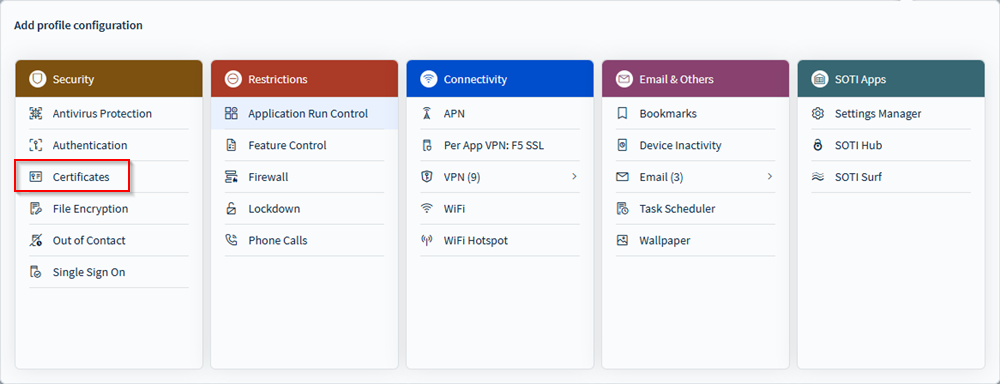 Selecting the Certificates profile configuration in an Android profile.