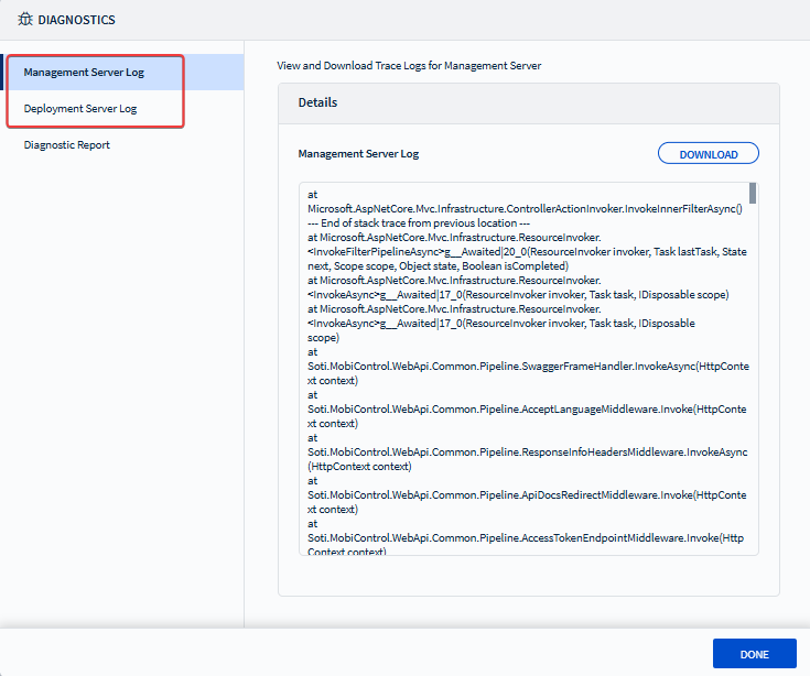 Selecting a log type to view.