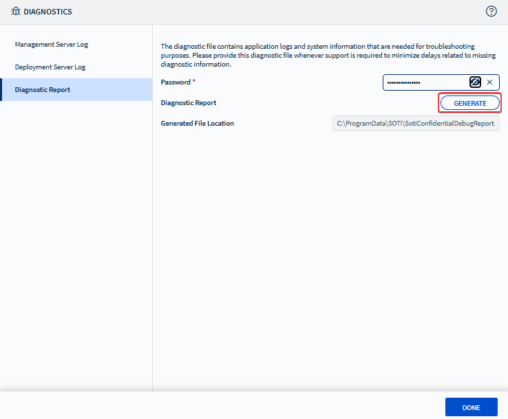 Generating a diagnostic report for the SOTI support team.